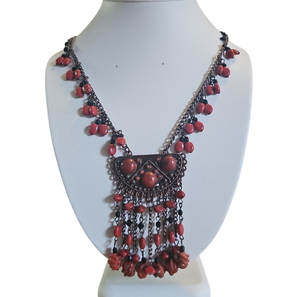 Bohemian Burnt Orange Red Carved Beaded Art Deco Necklace